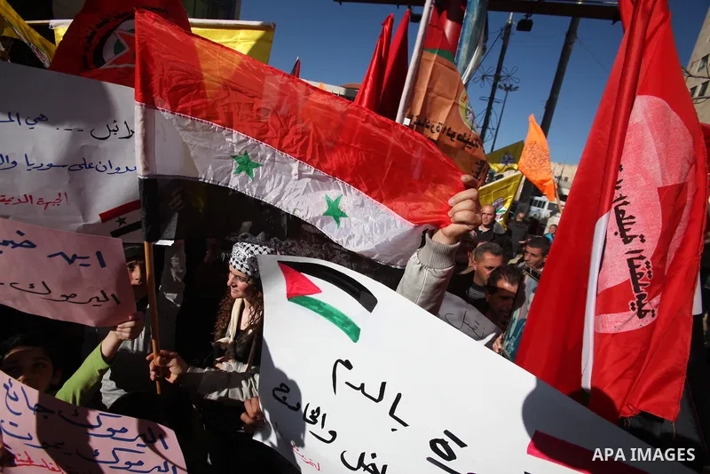Palestinian protesters wave national and Democratic Front for the Liberation of Palestine flags and hold placards during a demonstration in solidarity with Palestinian refugees in Yarmouk refugee camp in the suburbs of t...