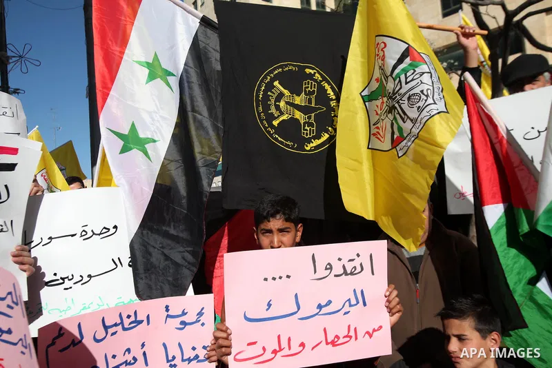 Palestinian protesters wave national and Democratic Front for the Liberation of Palestine flags and hold placards during a demonstration in solidarity with Palestinian refugees in Yarmouk refugee camp in the suburbs of t...