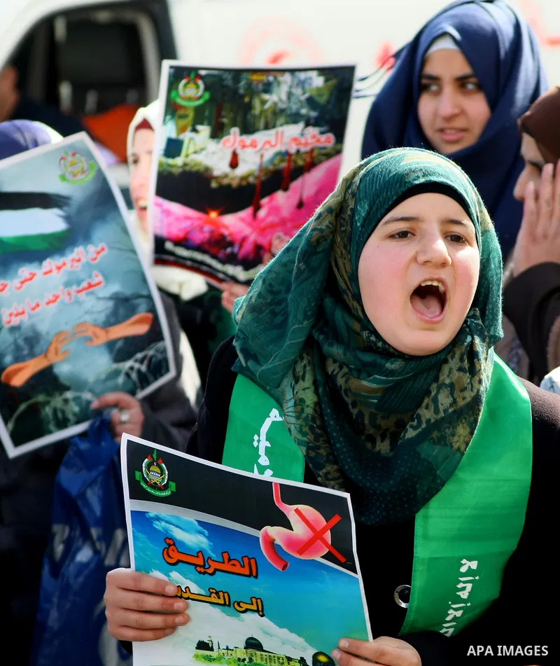 Palestinian supporters of Fatah movement hold national and movement flags during a demonstration in solidarity with Palestinian refugees in Yarmouk refugee camp in the suburbs of the Syrian capital of Damascus, in the We...