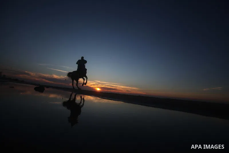 A Palestinian youth rides a horse during sunset on the beach of Gaza City January 20, 2014. Photo by Ashraf Amra