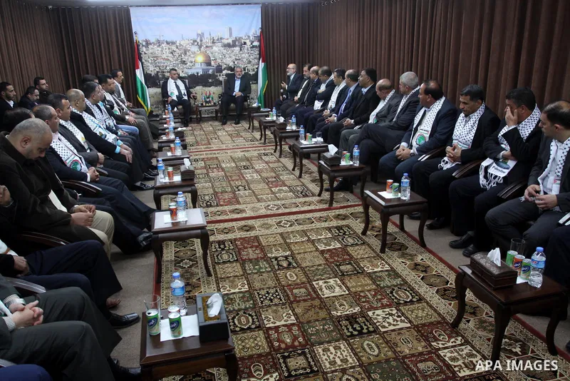 Palestinian Prime Minister in Gaza strip, Ismail Haniyeh meets with Palestinian businessmen at his office in Gaza City January 22, 2014. Photo by Mohammed Asad