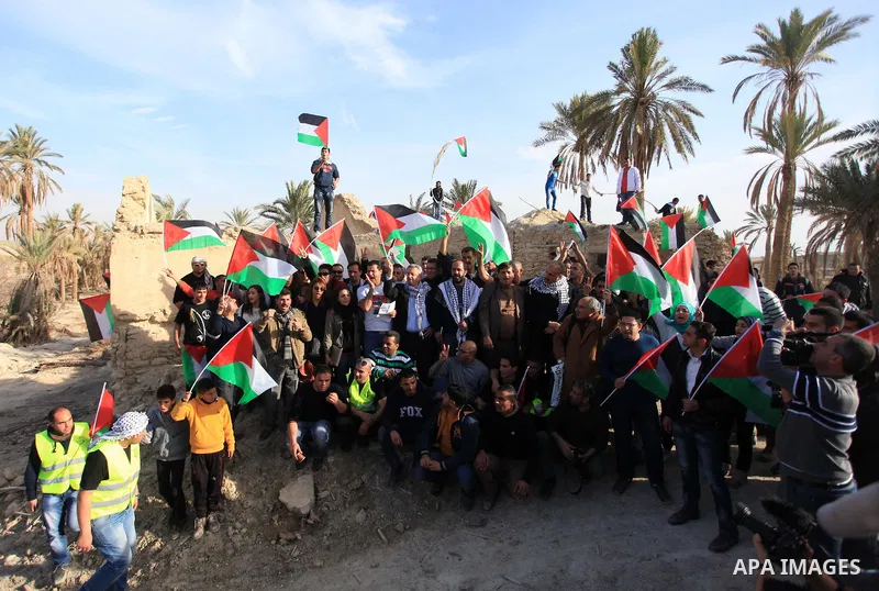 Palestinian and foreign activists hold Palestinian flags at the site of the old village known as Ein Hijleh, in the Jordan valley near the West Bank City of Jericho, January 31, 2014. Hundreds of Palestinians announced t...