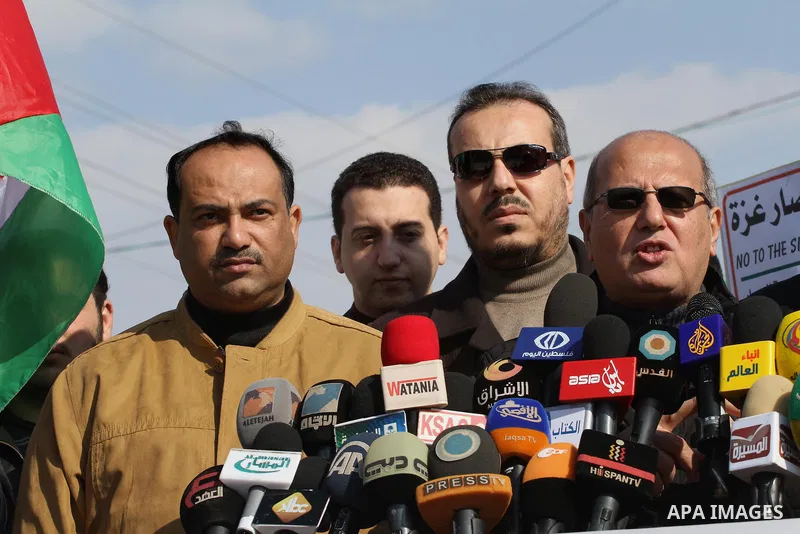 Head of the Popular Committee Jamal El-Khodari speaks in a press conference during protest against the Israeli blockade on Gaza, at Erez crossing between Israel and Gaza Strip Feb. 06, 2014. Israel imposed a blockade on...
