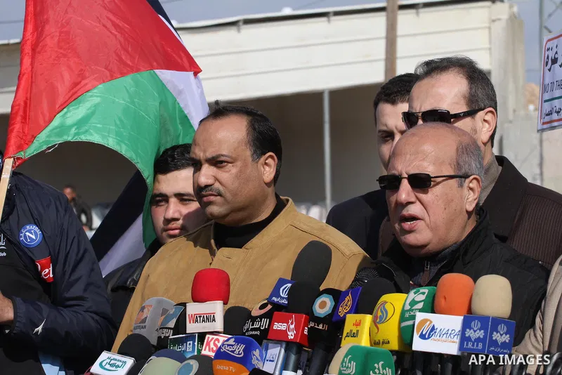Head of the Popular Committee Jamal El-Khodari speaks in a press conference during protest against the Israeli blockade on Gaza, at Erez crossing between Israel and Gaza Strip Feb. 06, 2014. Israel imposed a blockade on...