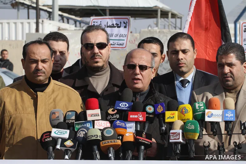Head of the Popular Committee Jamal El-Khodari speaks in a press conference during protest against the Israeli blockade on Gaza, at Erez crossing between Israel and Gaza Strip Feb. 06, 2014. Israel imposed a blockade on...