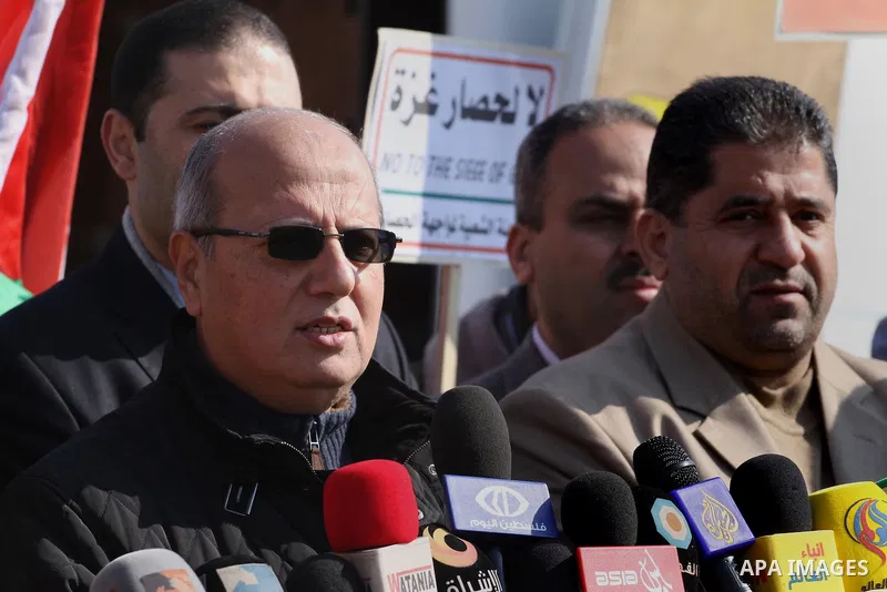 Head of the Popular Committee Jamal El-Khodari speaks in a press conference during protest against the Israeli blockade on Gaza, at Erez crossing between Israel and Gaza Strip Feb. 06, 2014. Israel imposed a blockade on...