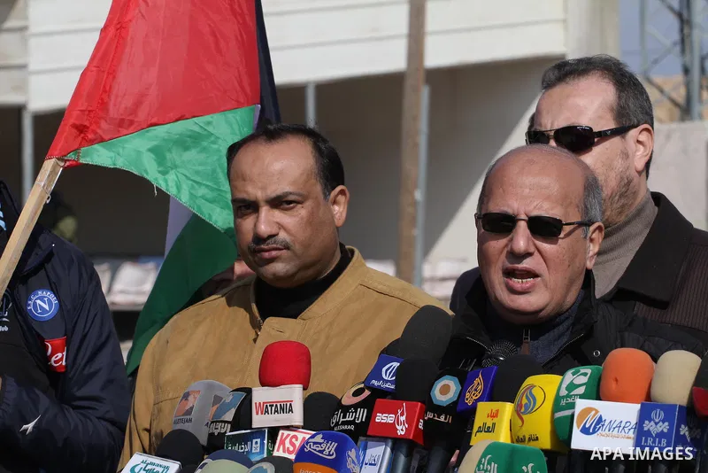 Head of the Popular Committee Jamal El-Khodari speaks in a press conference during protest against the Israeli blockade on Gaza, at Erez crossing between Israel and Gaza Strip Feb. 06, 2014. Israel imposed a blockade on...