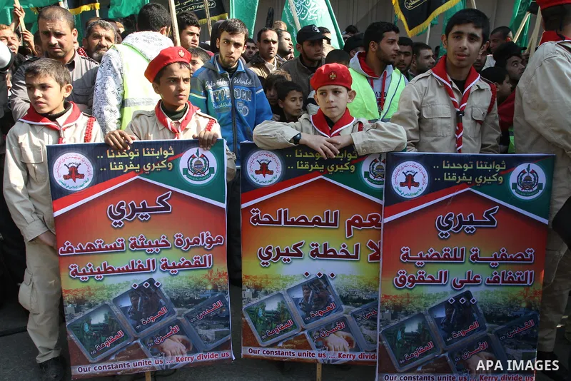Palestinian Hamas and Islamic Jihad supporters take part in a protest in the Jebaliya refugee camp, the northern Gaza Strip, Friday, Feb. 7, 2014. The protesters chanted slogans against the peace talks with Israel. Photo...