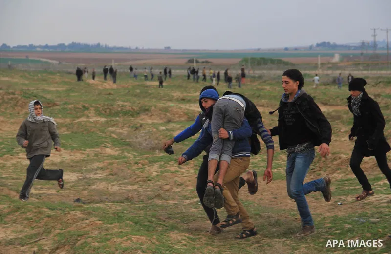 Palestinians help wounded youth during clashes with Israeli forces near the border with Israel, east of Jabalia refugee camp in northern Gaza Strip on February 7, 2014. The Israeli army fired live rounds and tear gas at...