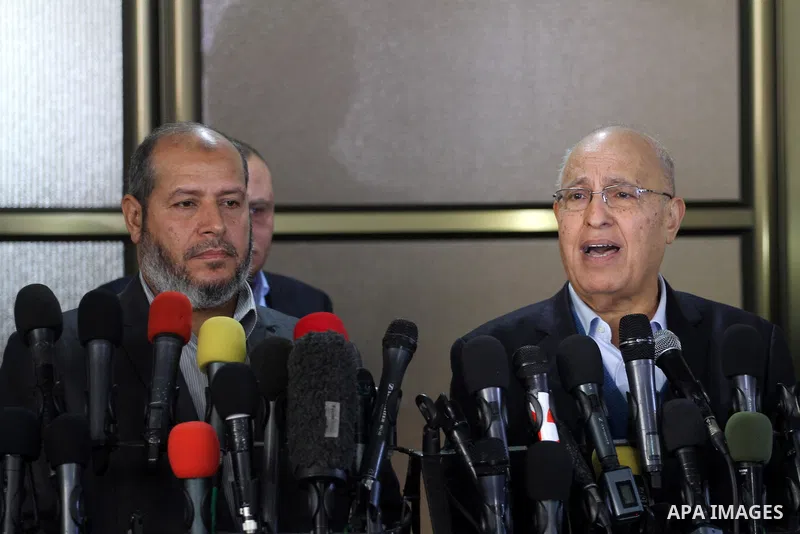 The member of Fatah Central Committee Nabil Shaath (R), and Palestinian Hamas leader Khalil al-Hayya (L), hold a press conference following his meeting with Prime Minister in Gaza Strip Ismail Haniyeh in Gaza City on Feb...