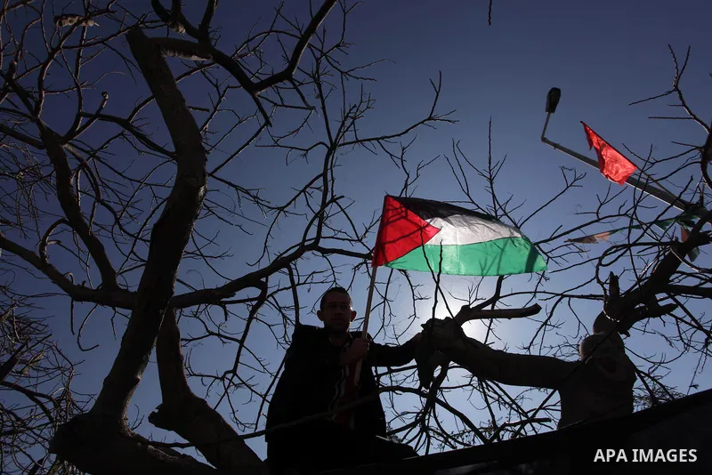 Supporters of Palestinian People's Party wave their national flag during a moot court against of the war criminals Prime Minister of Israel Benjamin Netanyahu, and former Prime Minister Ehud Barak in front of the headqua...