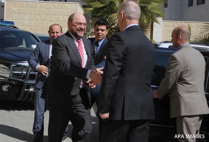 Palestinian Prime Minister Rami Hamdallah, meets with President of the European Parliament Martin Schulz in the West Bank City of Ramallah, on Feb. 10, 2014. Photo by Issam Rimawi