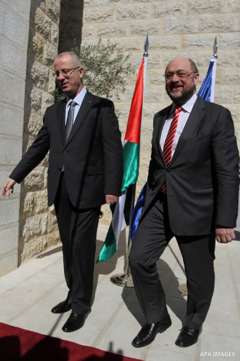 Palestinian Prime Minister Rami Hamdallah, meets with President of the European Parliament Martin Schulz in the West Bank City of Ramallah, on Feb. 10, 2014. Photo by Issam Rimawi