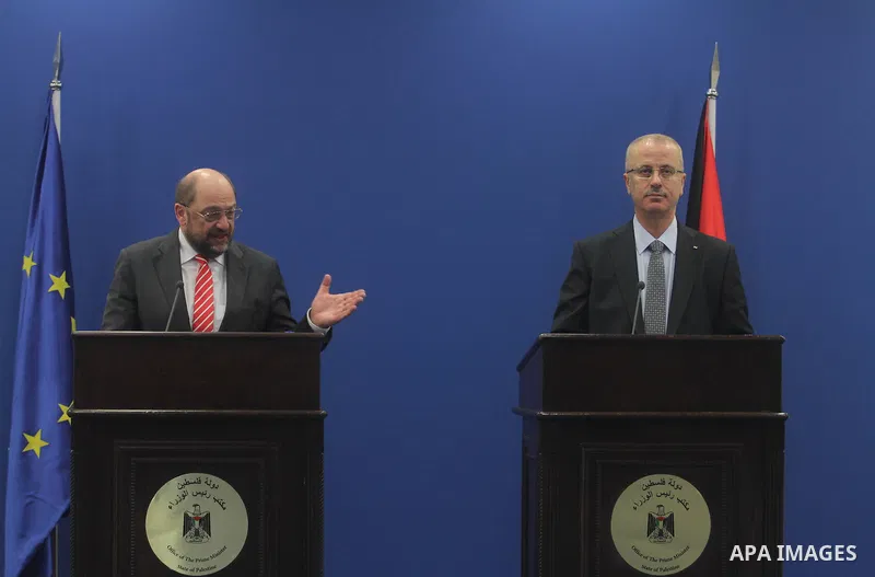 Palestinian Prime Minister Rami Hamdallah, speaks during a press conference President of the European Parliament Martin Schulz in the West Bank City of Ramallah, on Feb. 10, 2014. Photo by Issam Rimawi
