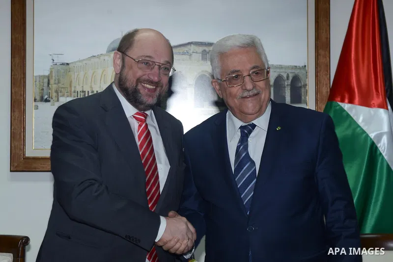 President of the European Parliament Martin Schulz, meets with Palestinian President Mahmoud Abbas at his headquarters in the West Bank city of Ramallah, Monday, Feb. 10, 2014. Photo by Thaer Ganaim