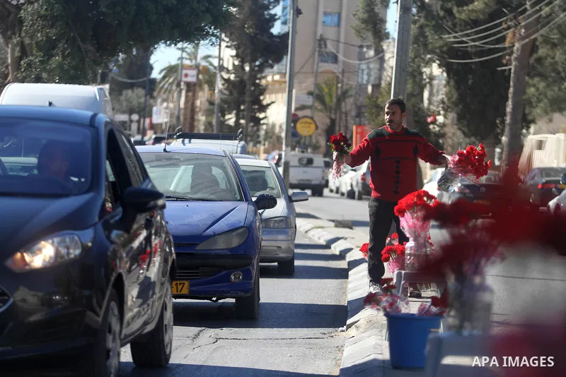A Palestinian vendor sells a flowers ahead of Valentine's day at streets in the West Bank city of Ramallah, on Feb. 13, 2014. Valentine's Day is increasingly popular among younger Palestinians, many of whom have taken up...