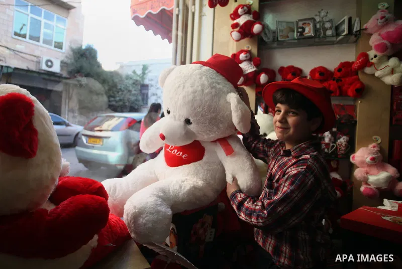 A Palestinian boy holds a teddy bear at a gift store ahead of Valentine's day in Jerusalem on February 13, 2014. Valentine's Day is increasingly popular among younger Palestinians, many of whom have taken up the custom o...