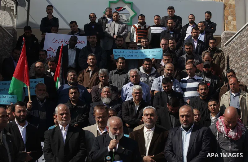 The spokesman of the Palestinian Parliament in Gaza Strip, Ahmed Bahar speaks during a protest against the attack on the former Palestinian minister of prisoners, Wasfi Kabha, in front of the Legislative Legislative in G...