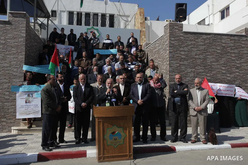 The spokesman of the Palestinian Parliament in Gaza Strip, Ahmed Bahar speaks during a protest against the attack on the former Palestinian minister of prisoners, Wasfi Kabha, in front of the Legislative Legislative in G...