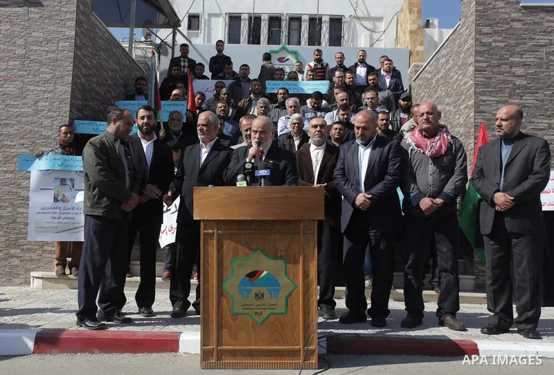The spokesman of the Palestinian Parliament in Gaza Strip, Ahmed Bahar speaks during a protest against the attack on the former Palestinian minister of prisoners, Wasfi Kabha, in front of the Legislative Legislative in G...