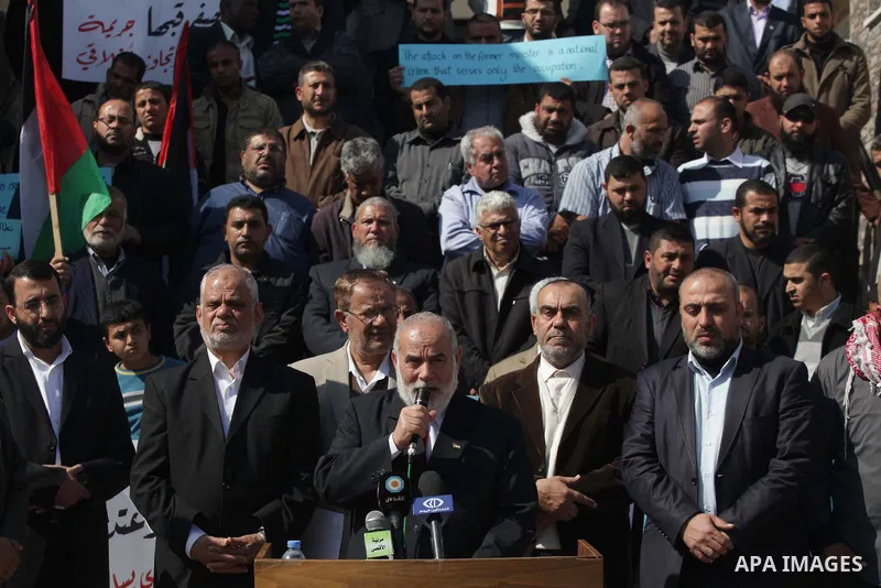 The spokesman of the Palestinian Parliament in Gaza Strip, Ahmed Bahar speaks during a protest against the attack on the former Palestinian minister of prisoners, Wasfi Kabha, in front of the Legislative Legislative in G...
