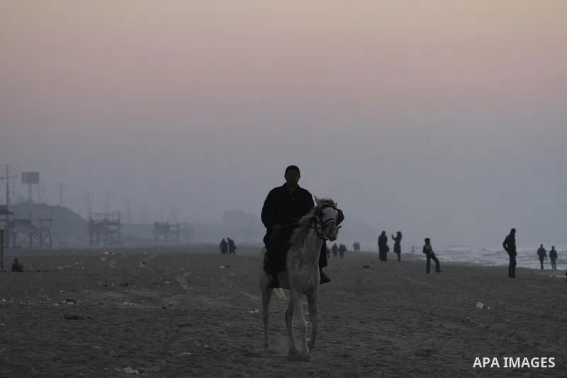 Palestinian enjoy the beach under heavy fog at the Mediterranean Sea beach front in Gaza City, Thursday, Feb. 20, 2014. Photo by Mohammed Asad