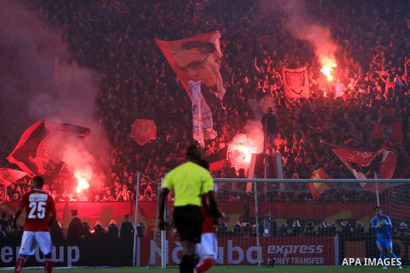 Players of Egypt's Al-Ahly celebrate after scoring against Tunisia's CS Sfaxien during their African Super Cup soccer match at Cairo Stadium February 20, 2014. Photo by Mohammed Bendari