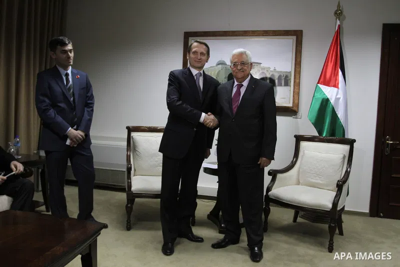 Palestinian President Mahmoud Abbas meets with the Chairman of the Russian State Duma Sergei Naryshkin at Abbas Office in the West Bank city of Ramallah on February 26, 2014. apaimages/Issam Rimawi-POOL