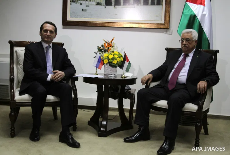 Palestinian President Mahmoud Abbas meets with the Chairman of the Russian State Duma Sergei Naryshkin at Abbas Office in the West Bank city of Ramallah on February 26, 2014. apaimages/Issam Rimawi-POOL