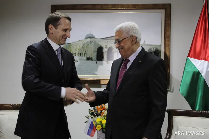 Palestinian President Mahmoud Abbas meets with the Chairman of the Russian State Duma Sergei Naryshkin at Abbas Office in the West Bank city of Ramallah on February 26, 2014. apaimages/Issam Rimawi-POOL