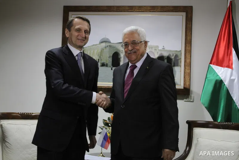 Palestinian President Mahmoud Abbas meets with the Chairman of the Russian State Duma Sergei Naryshkin at Abbas Office in the West Bank city of Ramallah on February 26, 2014. apaimages/Issam Rimawi-POOL