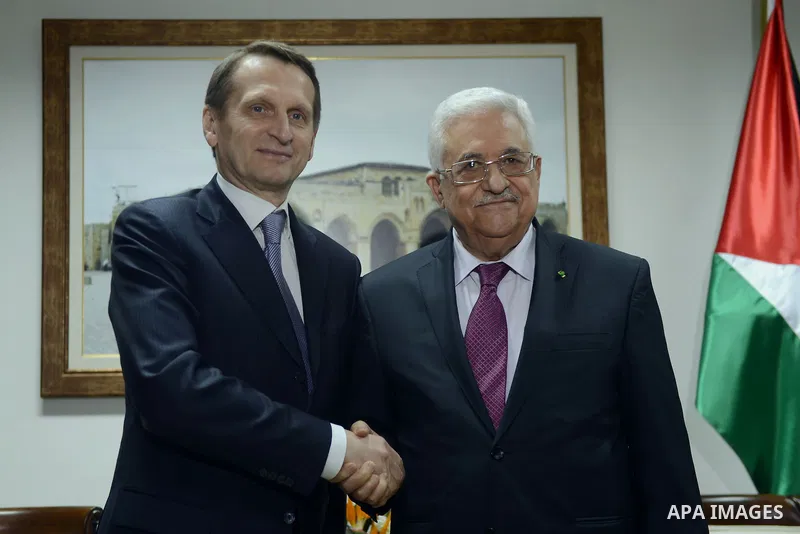 Palestinian President Mahmoud Abbas meets with Sergei Naryshkin, Speaker of the Russian State Duma in the West Bank city of Ramallah on February 26, 2014. Photo by Thaer Ganaim