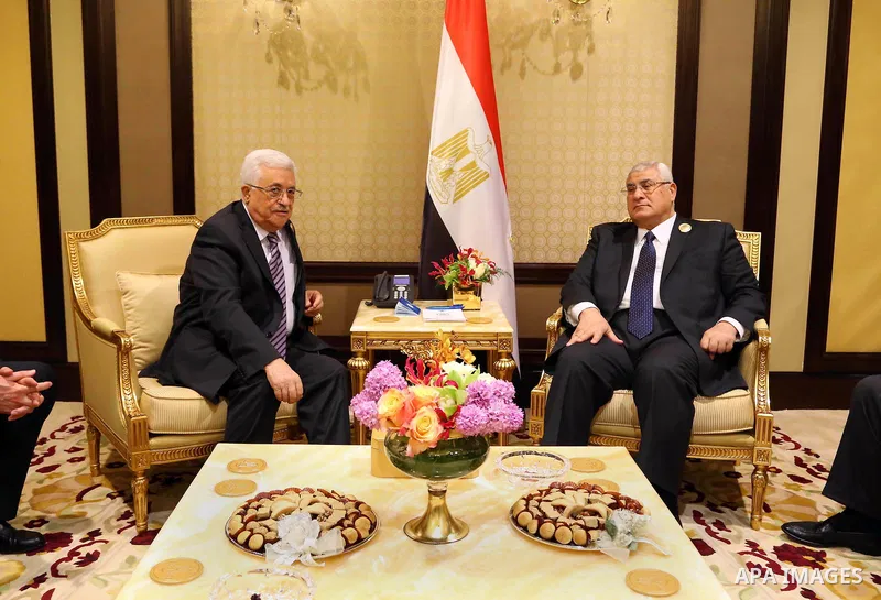 A handout picture made available by the Egyptian presidency on March 25, 2014 shows Egyptian Interim president Adly Mansour (R) meeting with Palestinian President Mahmoud Abbas on the sidelines of the 25th Arab League su...