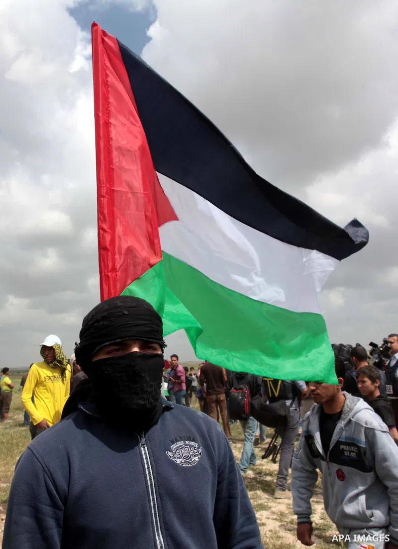 A protester waves a Palestinian flag towards the Israeli border during a protest marking Land Day at the border between Israel and Gaza Strip, on March 30, 2014. March 30 marks Land Day, the annual commemoration of prote...