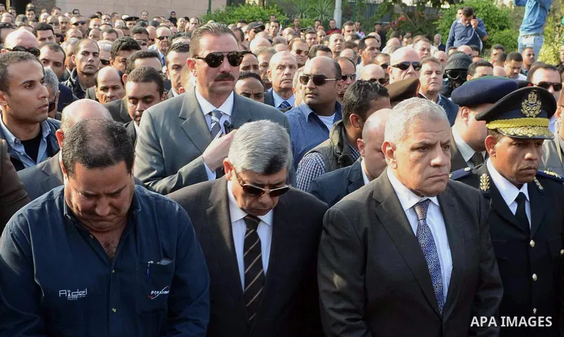 Egyptian Chief of Staff of the Egyptian Armed Forces General Mahmoud Hegazey, newly-appointed Defence Minister Colonel General Sedki Sobhi, Prime Minister Ibrahim Mahlab, and Interior Minister Mohamed Ibrahim attend the...