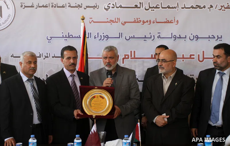 Palestinian Prime Minister in Gaza Strip Ismail Haniyeh, visits the construction site of Hamad City, in Khan Younis in the southern Gaza Strip, April 16, 2014. Qatar funds several large economic projects in Gaza Strip ru...