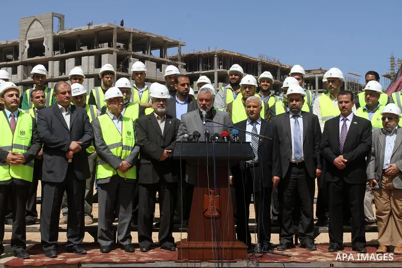 Palestinian Prime Minister in Gaza Strip Ismail Haniyeh, visits the construction site of Hamad City, in Khan Younis in the southern Gaza Strip, April 16, 2014. Qatar funds several large economic projects in Gaza Strip ru...