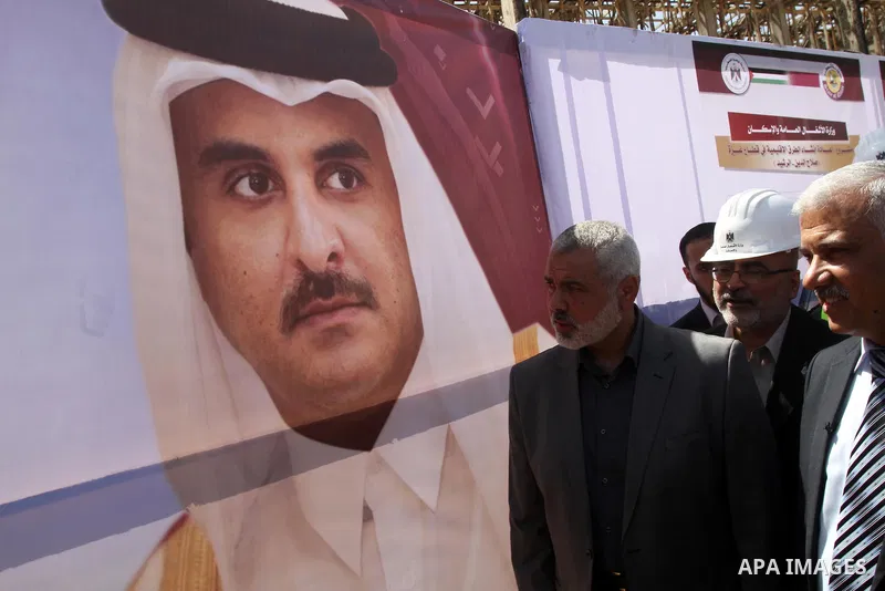 Palestinian Prime Minister in Gaza Strip Ismail Haniyeh, visits the construction site of al-Rasheed Road, in Gaza City, April 16, 2014. Qatar funds several large economic projects in Gaza Strip ruled by Hamas, with the t...