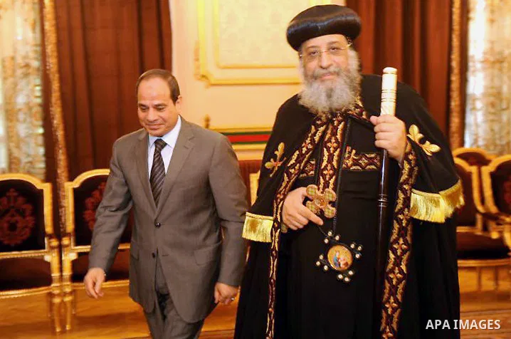 Egypt's former Defense minister Abdel Fattah al-Sissi meets for talks with Pope Tawadros II , leader of the Egyptian Coptic Orthodox Church, at the Coptic Cathedral of Saint Marcos, in Cairo, Egypt, 19 April 2014. Former...