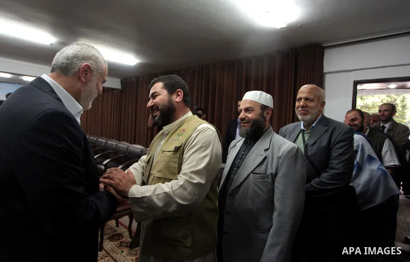 Palestinian Prime Minister in Gaza Strip, Ismail Haniyeh meets with the aid convoy of "Miles of Smiles 26" at his office in Gaza city April 20, 2014. Photo by Ashraf Amra
