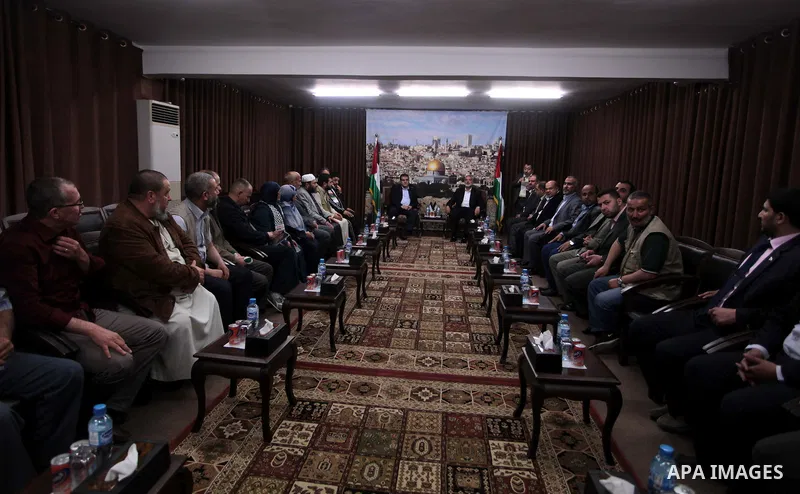 Palestinian Prime Minister in Gaza Strip, Ismail Haniyeh meets with the aid convoy of "Miles of Smiles 26" at his office in Gaza city April 20, 2014. Photo by Ashraf Amra
