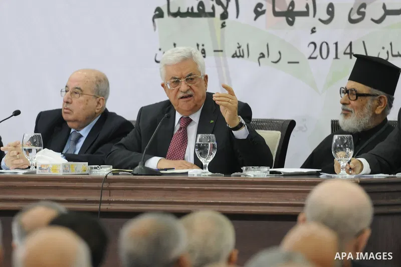 Palestinian President Mahmoud Abbas gives his speech during the meeting with Palestinian Central Council PCC at the Mukata'a Headquarters in the West Bank city of Ramallah 26 April , 2014. Photo by Thaer Ganaim
