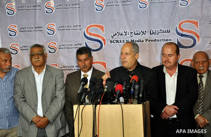Palestinian leader of the Democratic Front for the Liberation of Palestine (DFLP), Saleh Zeidan, speaks during a press conference in Gaza city on April 26, 2014. Photo by Mohammed Talatene
