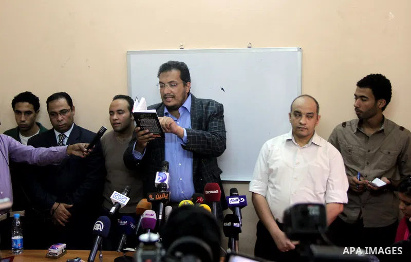 Egyptian members of April 6 movement hold a press conference in Cairo on April 29, 2014. An Egyptian court banned the April 6 youth movement that spearheaded the 2011 revolt which toppled strongman Hosni Mubarak, followi...