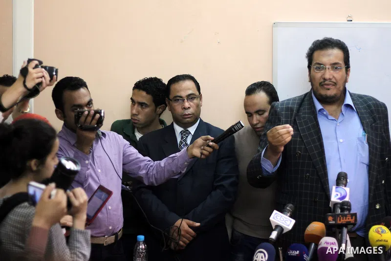 Egyptian members of April 6 movement hold a press conference in Cairo on April 29, 2014. An Egyptian court banned the April 6 youth movement that spearheaded the 2011 revolt which toppled strongman Hosni Mubarak, followi...