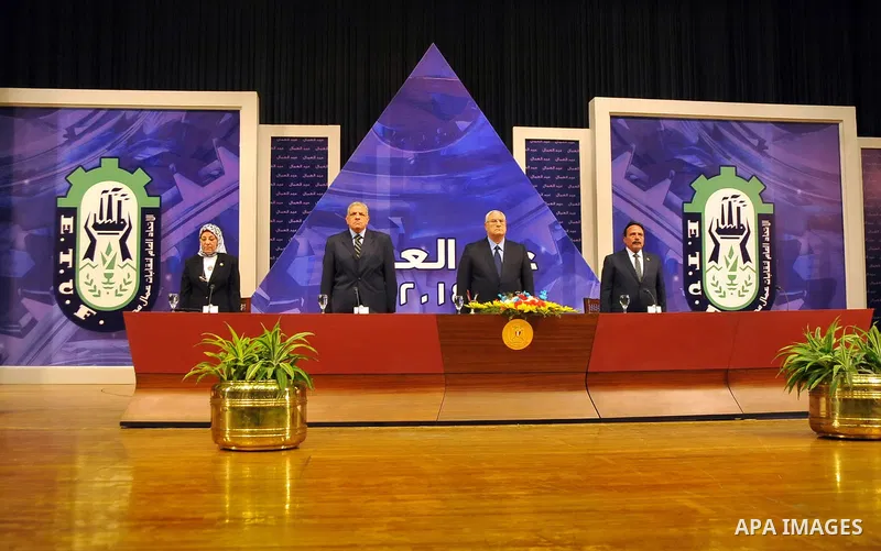 A handout picture made available by the Egyptian presidency shows Egypt's interim president Adly Mansour attends a ceremony marking the International Workers' Day, in Cairo on April 30, 2014. apaimages\Egyptian presidenc...