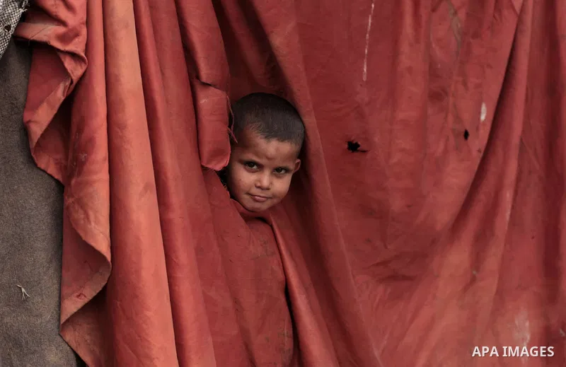 A Palestinian Bedouin boy looks through a curtain as he plays outside a shed near his family's house, in Gaza City on May 04, 2014. Photo by Ashraf Amra