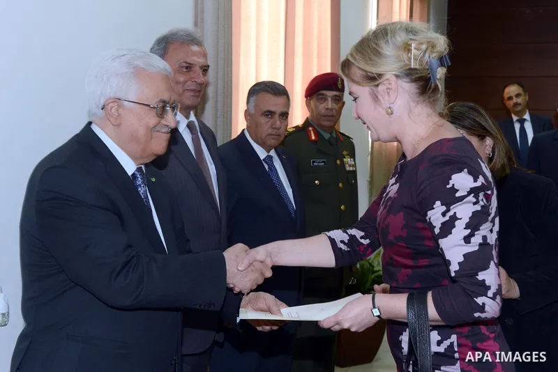 Palestinian President Mahmoud Abbas accepts the credentials of Head of Representative Office of the Republic of Poland to Palestine Alexandra Bukuska, in the West Bank city of Ramallah May 21, 2014. Photo by Thaer Ganaim
