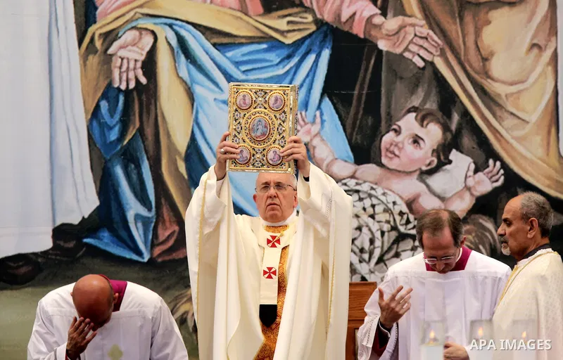 Pope Francis celebrates a mass in Manger Square next to the Church of the Nativity, in the West Bank city of Bethlehem May 25, 2014. Pope Francis arrived in the West Bank on Sunday to start the most delicate part of his...
