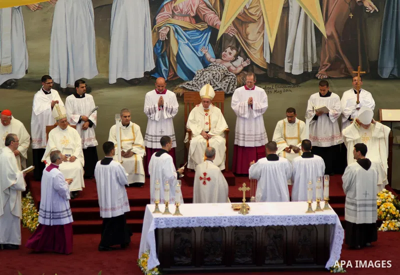 Pope Francis celebrates an open-air mass in the Manger Square, next the Nativity Church, in the West Bank city of Bethlehem, 25 May 2014. Pope Francis arrived in the West Bank to start the most delicate part of his stay...